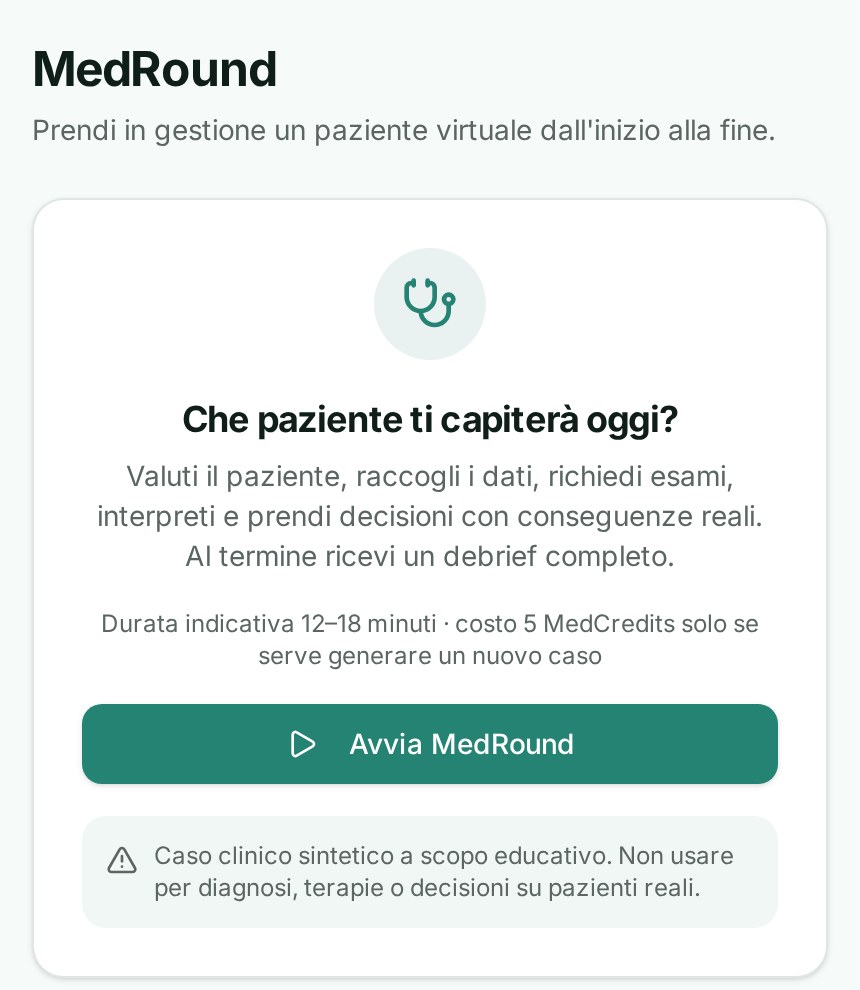 Schermata di MedLeague con l'avvio di un Caso clinico simulato